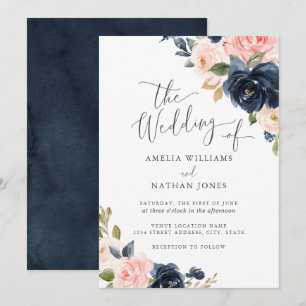 Invitation Mariage Floral Moderne Rose Navy