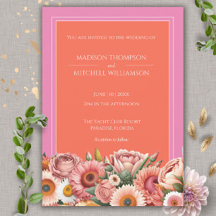 Invitation Mariage Floral Moderne Rose Orange Lever de Soleil