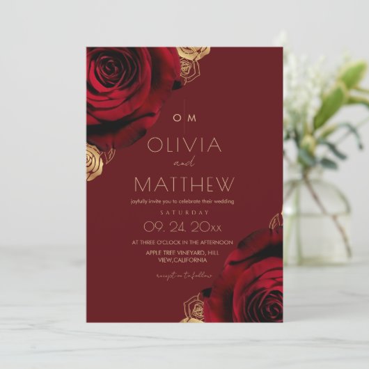 Invitation Mariage Floral Moderne Rose Rouge Rustique  (Debout devant)