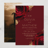 Invitation Mariage Floral Moderne Rose Rouge Rustique  (Devant / Derrière)