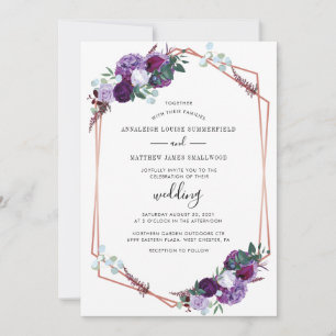 Invitation Mariage floral moderne Rose violet or géométrique