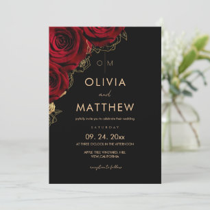 Invitation Mariage Floral Moderne Rouge Bourgogne Rose Noire