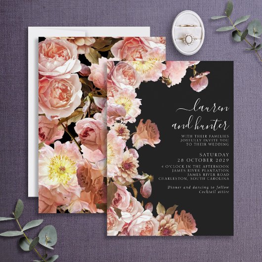 Invitation Mariage floral moderne sombre Moody Blush Rose Scr
