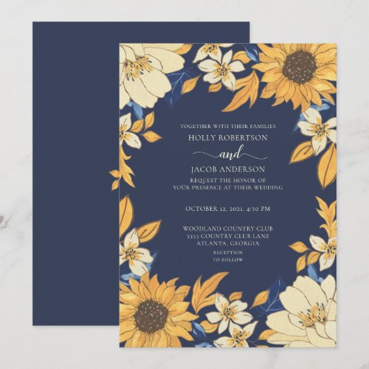 Invitation Mariage floral moderne Sunflower bleu jaune crème (Devant / Derrière)
