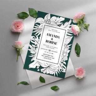 Invitation Mariage floral moderne vert et blanc tropical