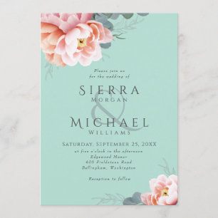 Invitation Mariage floral moderne vert menthe rose pâle