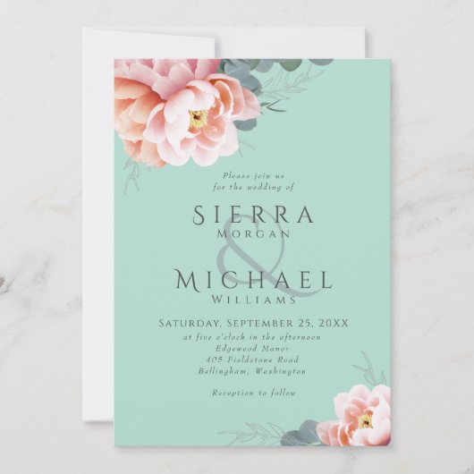 Invitation Mariage Floral Moderne Vert Menthe Rose Pêche (Devant)