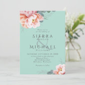 Invitation Mariage Floral Moderne Vert Menthe Rose Pêche (Debout devant)