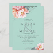 Invitation Mariage Floral Moderne Vert Menthe Rose Pêche (Devant / Derrière)
