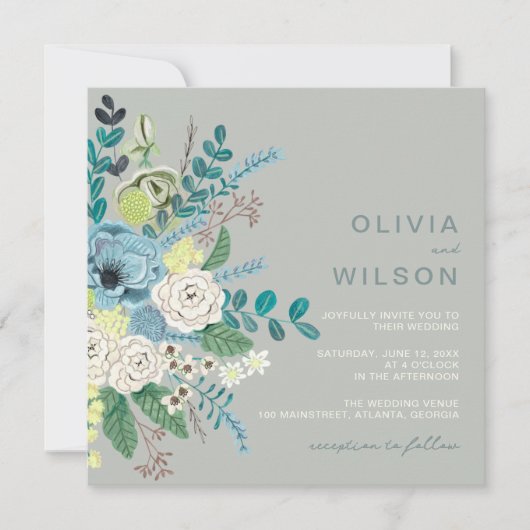 Invitation Mariage floral moderne vert Sage (Devant)