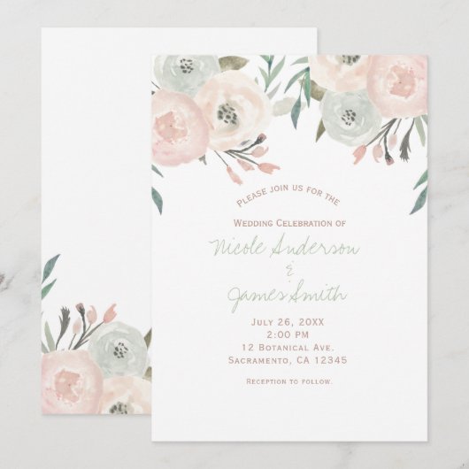 Invitation Mariage Floral Moderne Vert Sauge Rose (Devant / Derrière)