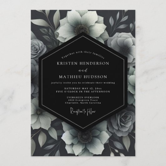Invitation Mariage Floral Monochrome Cendré (Devant)