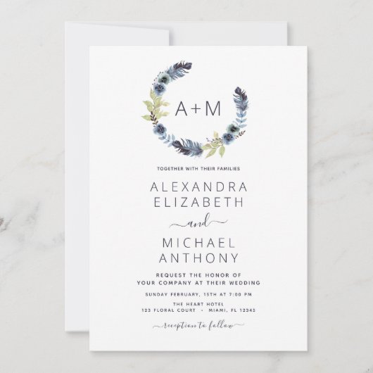 Invitation Mariage floral Monogram Dusty Blue Boho (Devant)