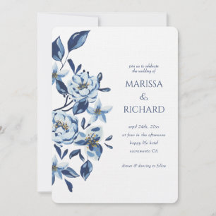 Invitation Mariage Floral Monogramme Bleu Royal Blanc