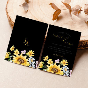 Invitation Mariage Floral Monogramme Élégant Tournesol Noir