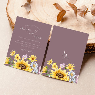 Invitation Mariage Floral Monogramme Élégant Tournesol Violet
