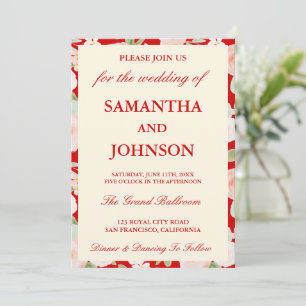 Invitation Mariage Floral Monogramme Ivoire Vintage Rouge Mod