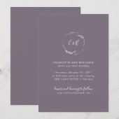 Invitation Mariage Floral Monogramme Script Violet Capricieux (Devant / Derrière)