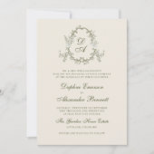 Invitation Mariage Floral Monogrammé Vert Vintage (Devant)
