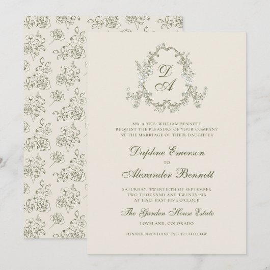 Invitation Mariage Floral Monogrammé Vert Vintage (Devant / Derrière)