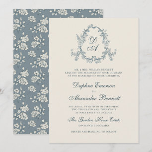 Invitation Mariage Floral Monogrammé Vintage Bleu