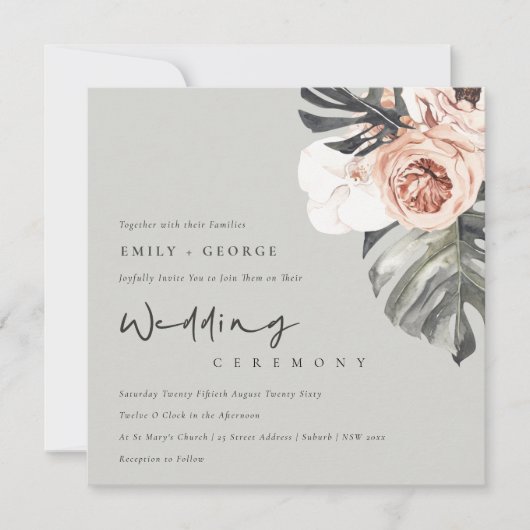 INVITATION MARIAGE FLORAL MONSTRERA EN ROUTE GRIS (Devant)