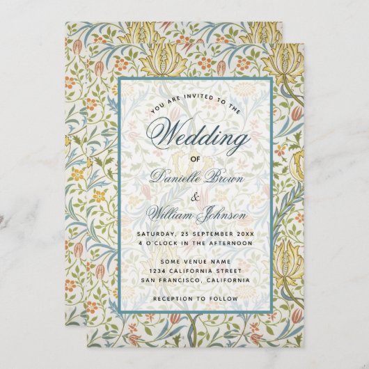 Invitation Mariage Floral Morris Motif Élégant Script (Devant / Derrière)