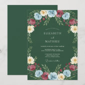 Invitation Mariage Floral Multicolore Vert Chasseur (Devant / Derrière)