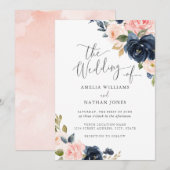 Invitation Mariage Floral Naval Blush Moderne (Devant / Derrière)