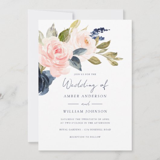 Invitation Mariage floral Navy Blush   (Devant)