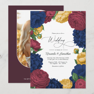 Invitation Mariage floral Navy, Bourgogne & Or