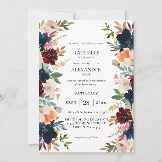 Invitation Mariage floral Navy, Bourgogne, Rose et Pêche (Devant)