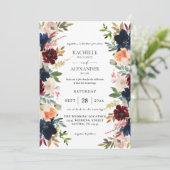 Invitation Mariage floral Navy, Bourgogne, Rose et Pêche (Debout devant)