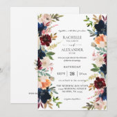 Invitation Mariage floral Navy, Bourgogne, Rose et Pêche (Devant / Derrière)