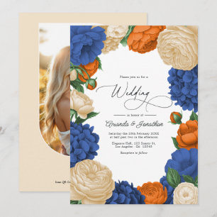 Invitation Mariage floral Navy, Orange brûlé et Champagne