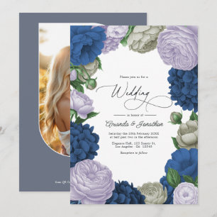 Invitation Mariage floral Navy profond, lilas doux et gris nu
