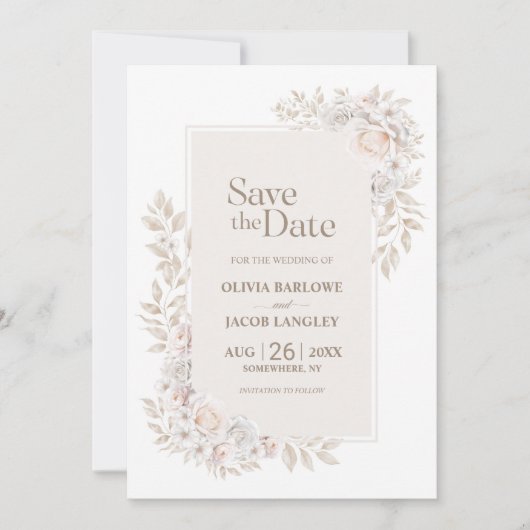 Invitation Mariage floral neutre rustique Enregistrer la date (Devant)