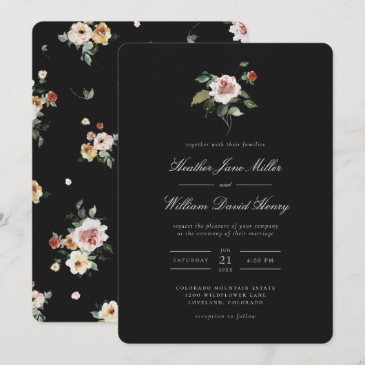 Invitation Mariage Floral Noir (Devant / Derrière)