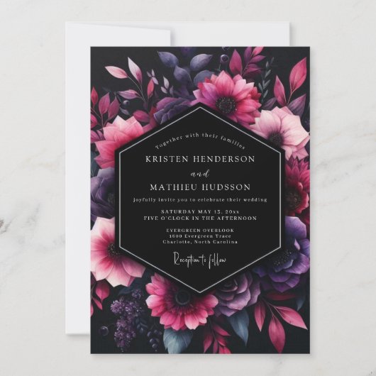 Invitation Mariage Floral Noir Améthyste (Devant)