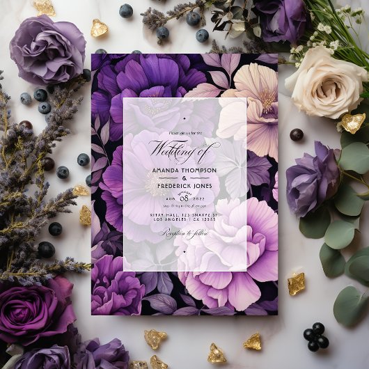 Invitation Mariage floral noir, argenté et violet foncé
