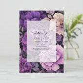 Invitation Mariage floral noir, argenté et violet foncé (Debout devant)