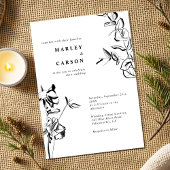 Invitation Mariage floral noir blanc dessiné à la main