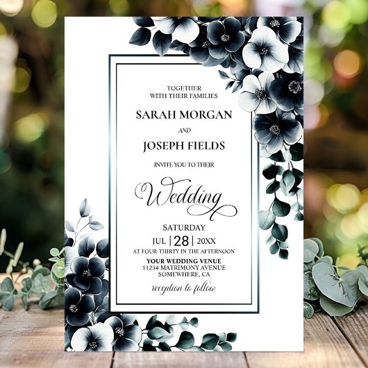 Invitation Mariage floral noir blanc élégant