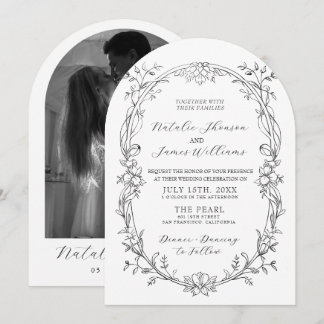 Invitation Mariage Floral Noir Blanc Photo Arc Encadré Argent
