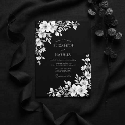 Invitation Mariage Floral Noir Blanc Romance