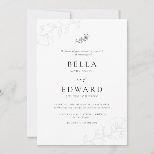 Invitation Mariage floral noir blanc simple (Devant)