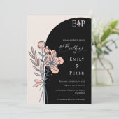 Invitation Mariage floral noir classique élégant main tiré (Debout devant)