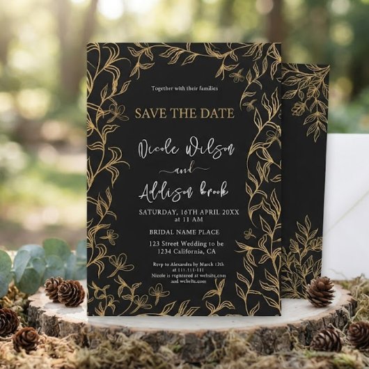 Invitation Mariage Floral Noir Doré