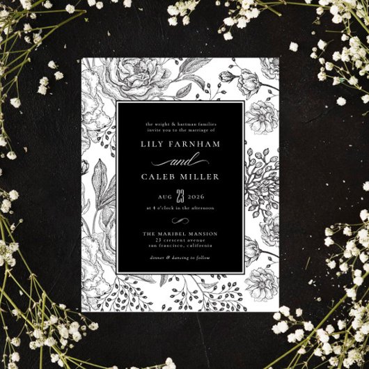 Invitation Mariage floral noir élégant