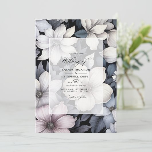 Invitation Mariage floral noir et blanc (Debout devant)